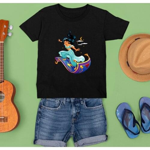 Disney Summer New Products Childrens T-shirts Four Seasons Black Tees Harajuku Fashion Style Top Shirts Princess Jasmine Pattern