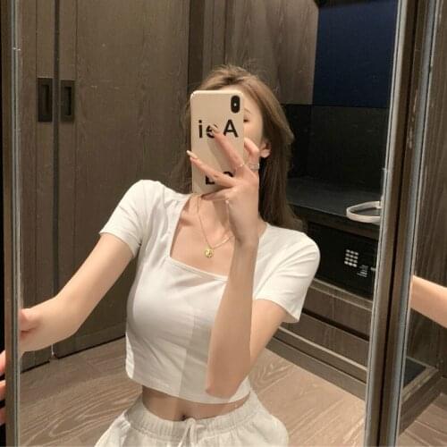 Summer The New Short slim fit Square collar Women T-shirt Short Sleeve Female Sexy Tshirt Tops 2021 women fashion tops