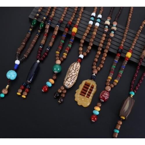 Handmade Nepal Buddhist Mala Wood Beads Pendant Necklace Unisex Boho Hippie Style Ethnic Long Pendant Men Womens Lucky Jewelry