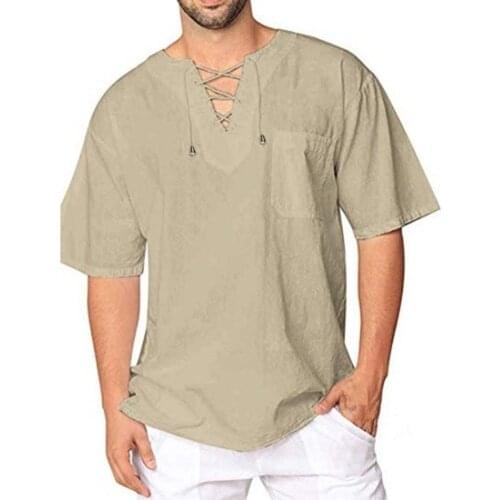Men Shirts Fashion Solid Color Short Sleeve Bandage V Neck T-Shirt Baggy Blouse Top Mens Clothing 2021 футболка