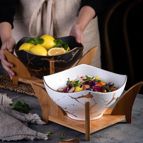 Nordic fruit salad bowl marble gold pattern household creative light luxury ceramic tableware with wooden tray noodle bowl