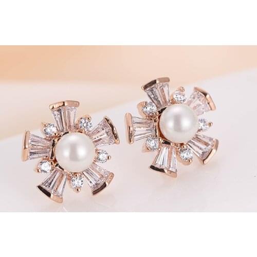 DE131 Delicacy Fashion Elegant 4A Zircon Pearl Flower Ear Stud GIRLS Gift Party Banquet WOMENS Jewelry Earrings 2021