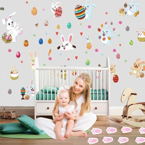Happy Easter Bunny Footprint Egg Wall Stickers Window Sticker Babyroom Bedroom Living Room Decor Home Decoration Accessories