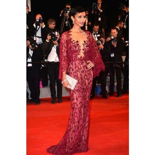 Zuhair Murad Burgundy Lace Bead Mermaid Formal Evening Dresses With Long Sleeve Sonia Rolland Red Carpet Celebrity Dress Prom Go