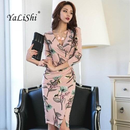 Spring Pink Pencil Women Dresses Long Sleeve V Neck Print Bandage Bodycon Dress Sexy Party Dress Ladies 2018 VestidosMujer
