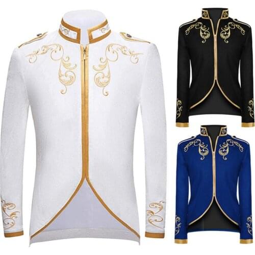Vintage Mens Medieval Jacket Coat Embroidery Zip Up Stand Collar Prince King Cosplay Costume Victorian Golden Jacket Top