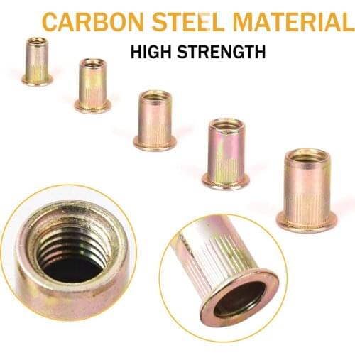 100pcs 1/4"-20 5/16"-18 3/8"-16 Carbon Steel UNC Rivet Nuts Rivnut Assortment Kit Yellow Zinc Plated Finish, Flat Head Threaded
