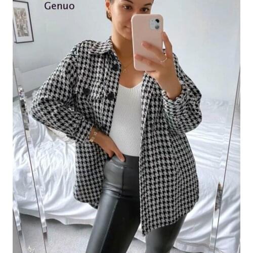Jacket Women 2020 Fashion Houndstooth Frayed Tweed Jacket Coat Vintage Long Sleeve Pockets Female Outerwear Chic Tops