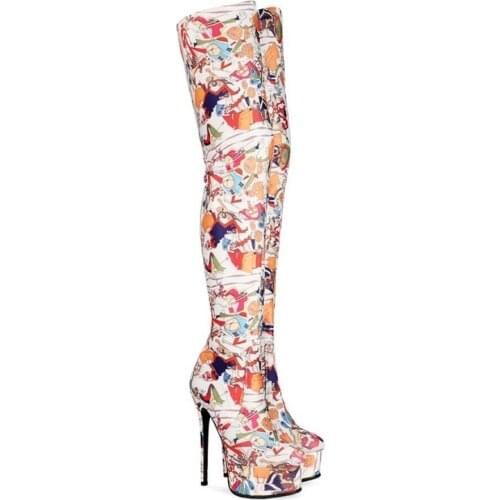 Womens Round Toe Platform Printed Mixed Colors Over The Knee Boots Stilettos Stretchy High 15CM Heel Winter Shoes Plus Size