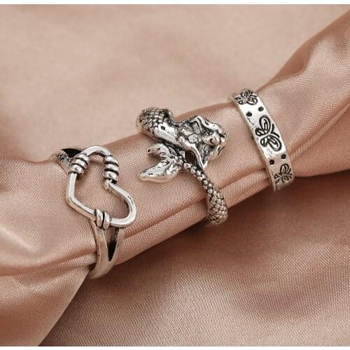 Vintage Silver Plated Mermaid Ring for Women Gothic Angel Wing Punk Steampunk Heart Butterfly Skull Ring Sets Party Jewelry 2021