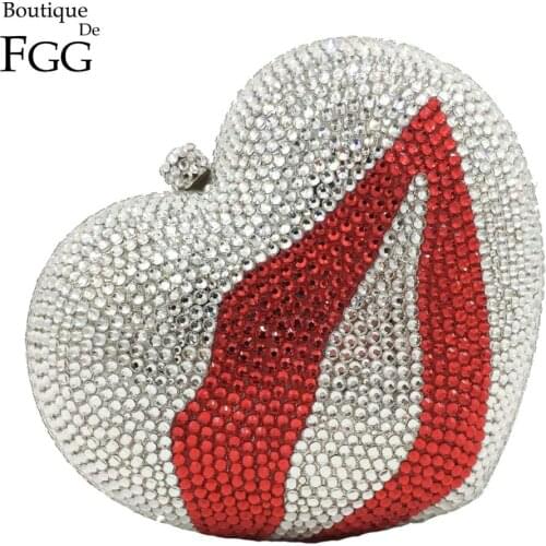 Boutique De FGG Red Lips on Heart Women Mini Crystal Evening Clutch Bags Hard Case Metal Wedding Bridal Diamond Purses Handbags