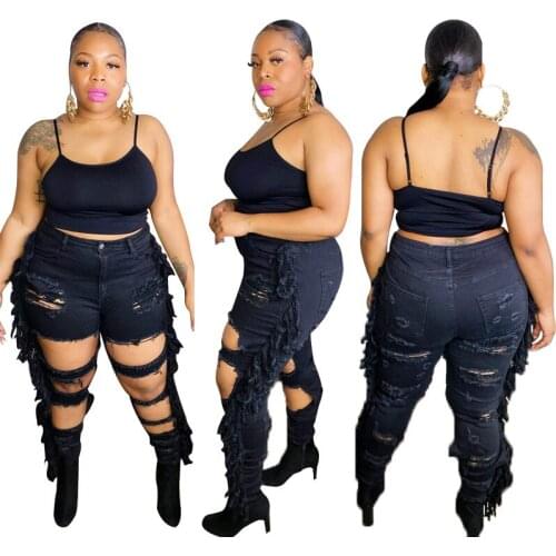 Plus Size XL-5XL Women Streetwear Ripped Dress High Waist Sexy Hollow Out Skinny Side Tassels Pencil Denim Pants 2021 Autumn