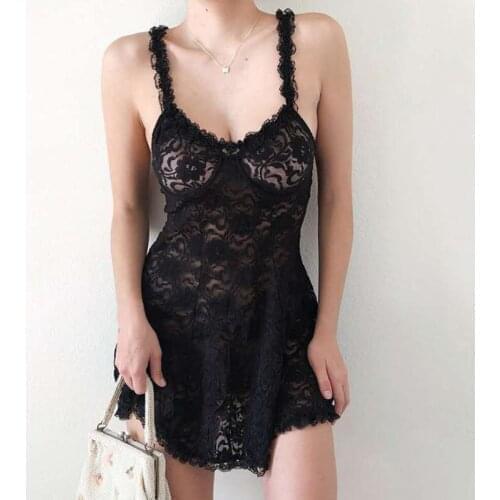 Women Sexy Mini Dress Summer 2021 Black/White Transparent Floral Lace Party Dresses Vintage Y2K Grunge Fairy Aesthetic Clubwear