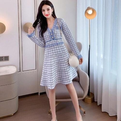 Woman Knitted Houndstooth Dress Slim Female Elegant Plaid Dresses Autumn Winter Office Clothes