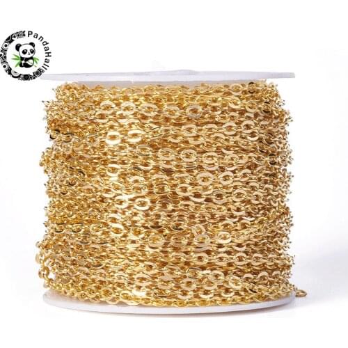 10m Iron Cable Chains, Unwelded, with Spool, Flat Oval, Cadmium Free & Lead Free, Golden Color, 3x2.2x0.6mm