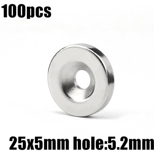 100pcs 25 x 5 mm Hole: 5.2mm super Strong Round Neodymium Countersunk Ring Magnets Rare Earth N50 Free Shipping