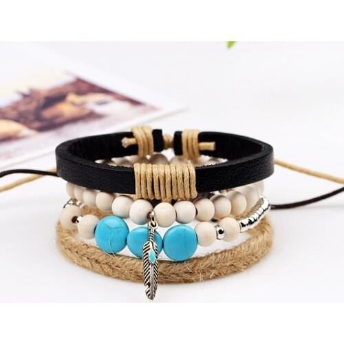 4pcs/set Boho Gypsy Hippie Punk Blue White Turquoises Beige Tan Hemp Cord Wrap Knots Black Leather Layers Wide Bracelets Unisex