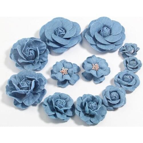 6Pcs Denim Fabric Flower Boutique Chiffon Lace Trim Flowers Wedding Decoration DIY Scrapbooking Bride Hair Veil Clothes Headwear