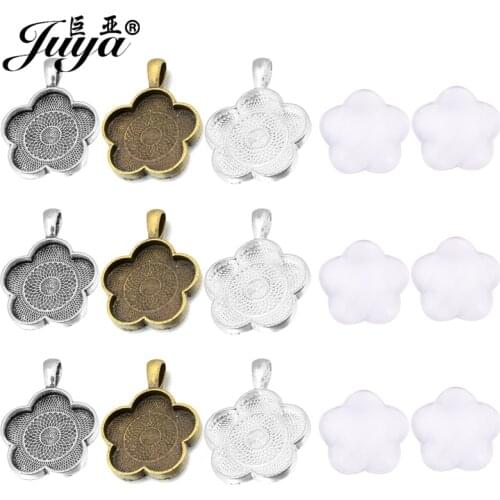 60Pcs/Set Flower Petaloid Pendant Base Settings With Cabochon Cameo Glass For DIY Jewelry Making Necklaces Findings Accessories