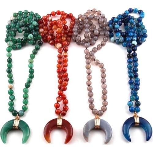 Free Shipping Fashion Bohemian Tribal Jewelry Semi- Precious Stones Long Knotted Stone Moon Pendant Necklaces