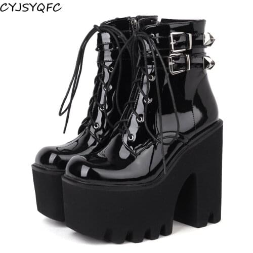 CYJSYQFC Fashion Women Ankle Boots Gothic Style Chunky Heel Platform Shoes Black Leather Buckle Lace Up Dress Party Ladies Boots