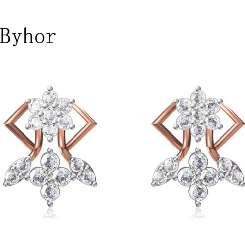 Byhor Solid 14K White/Yellow+White/Rose+White Gold 1.268ct H/SI Natural Diamonds Stud Earrings Women Cерьги Fine Jewelry сережки