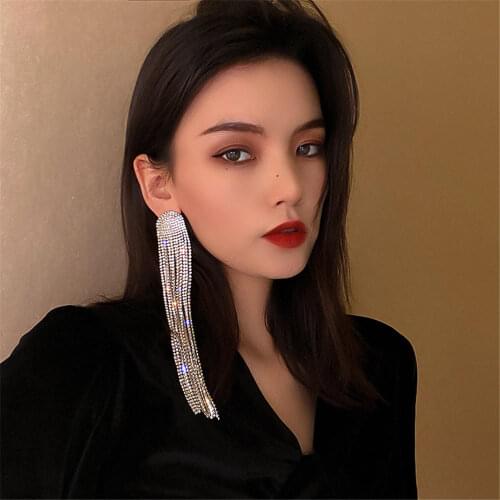 Long Tassel Full Rhinestone Drop Earrings For Women Ovsize Crystal Dangle Earrings Fashion Jewelry Accessories