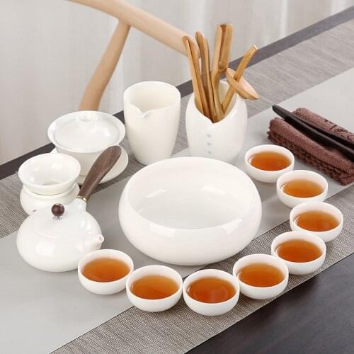 Porcelain Tea Sets Chinese Style Simple Kung Fu Tablewares Pure Jade White Bowls Pots Portable Bardak Seti Tea Service EI80TS