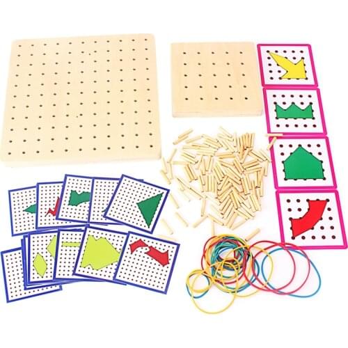 Baby Montessori Sensory Toy Geometric Shapes Wood Nail Board Wooden Pegged with Rubber Preschool Training Toys for Children Gift