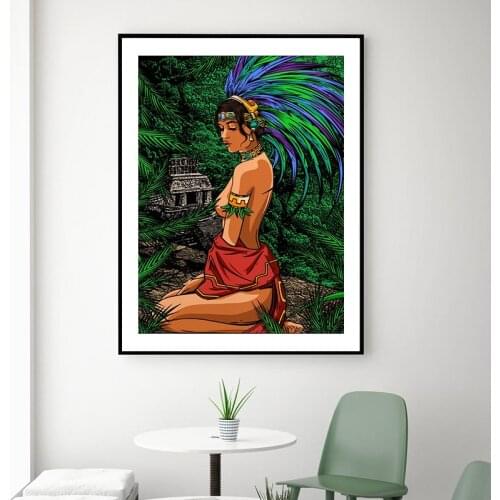 Mayan Girl & Pyramid Canvas Painting Prints Vintage Mexican Folk Art Poster Mexico Wall Picture Living Room Bedroom Home Decor