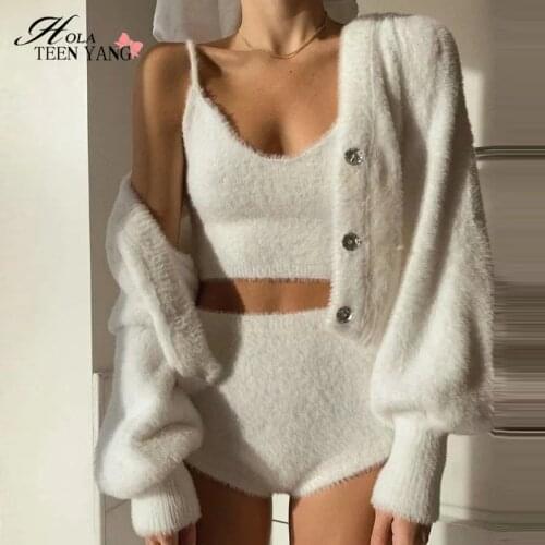 Three Piece Set Shaggy Korea Style White Cardigan Furry Single-Breasted V Neck Tank Top and Shorts Sweater With Buttons Jumper