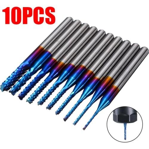 10pcs 0.8-3mm 1/8" Shank Carbide Steel End Mills Milling Cutter Tools Nano Blue Coat CNC Router Bits