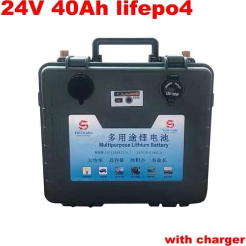 High capacity 24V 40Ah LiFePO4 lithium battery 24 battery pack power bank BMS 25.6v 1200w motor Fishing boat + 5A charger