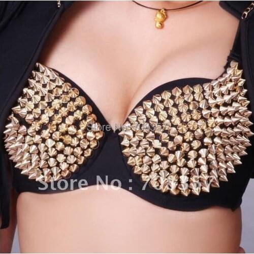 Fashion Night Club Wear Shiny Singer Stage Clubbing Punk Dance Underwear Rivet Sexy Costumes Party Bra 32B-38B