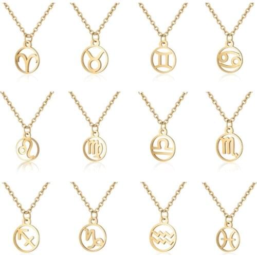 Old English Zodiac Sign Necklace for Women Simple Round Pendant Stainless Steel Chain Aries Leo Libra Constellation Necklace Men