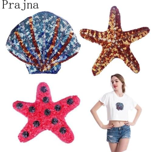 Prajna Seashell Patch Iron On Starfish Patches Fashion Sequins Patch Cheap Embroidered Patches For Clothes Applique Decor DIY