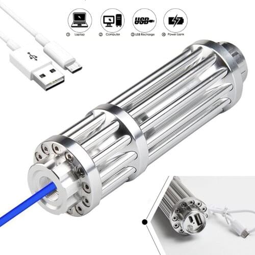 The most powerful blue laser flashlight USB rechargeable built-in battery Laser 450nm 5000m focusable flashlight with 5 star cap