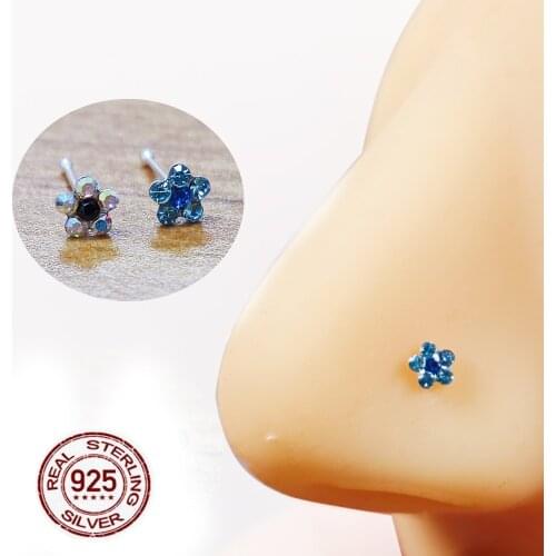 925 Sterling Silver Nostril Piercing Nose Stud Flower Crystal nariz piercing Jewelry 20pcs /pack