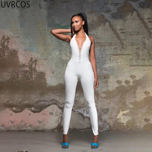 UVRCOS Combinaison Femme Hot Sexy Print Club Outfit For Women Jumpsuit Chest Bandage Hollow Out Skinny Pencil Pants New Beyprern