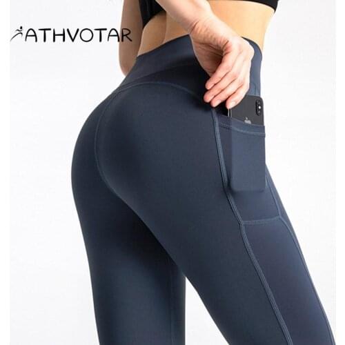 ATHVOTAR Nudity Fitness Leggings Side Pockets Sexy Peach Hip High Waist Hip Lift Yoga Clothing Running Quick Dry Sport Leggings