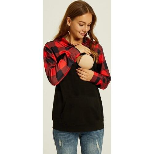 Nursing Hoodies 2021 New Fashion Plaid Patchwork Coat Long Sleeves Breastfeeding Clothes Top Pullover Up Pregnant Women Costumes