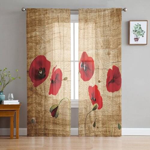 Red Poppy Flower Retro Sheer Curtains for Living Room Bedroom Kitchen Tulle for Windows Voile Drapes Home Decoration