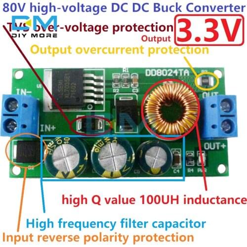 High-Voltage EBike DC-DC Converter Buck Step-Down Regulator Module 80V 72V 64V 60V 48V 36V 24V to 15V 12V 9V 6V 5V 3.3V