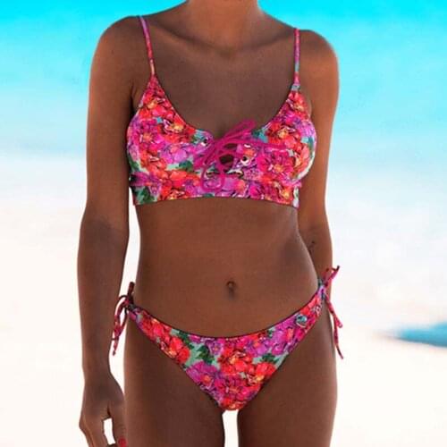 Womens Print Bikini Set Sexy New Push Up Swimwear Ladies Thong Swimsuit Mid Waist Biquini Halter Two Pieces Bathing Suit 2021