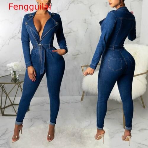 Fengguilai Sexy Women Square Collar Long Sleeve Bodycon Casual Denim Jumpsuit Elegant Stretch Jeans Romper Ovralls