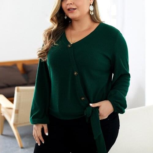 Autumn and winter large size womens 4XL 5XL 6XL 7XL 8XL solid color sexy V-neck fashion lantern sleeve sweater bust 129CM