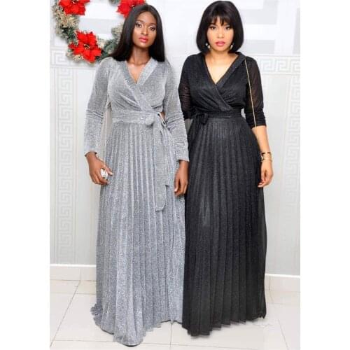 HGTE M L XL Large Womens Silver Black Casual Dress Metallic Sexy V-neck African Long Dress (free delivery