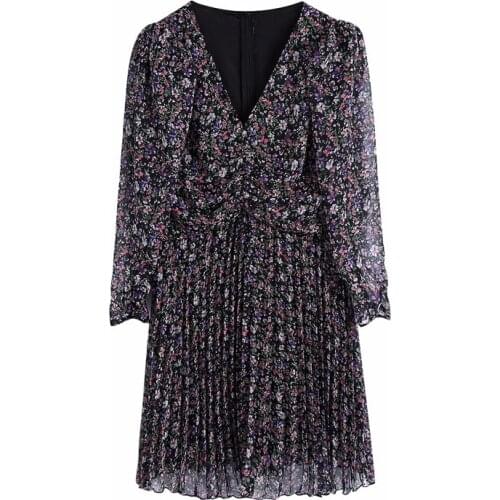 Evfer Women Sprint Autumn Floral Print High Waist Za Fashion Mini Dresses Female Casual V-Neck Back Zipper Pleated Chiffon Dress