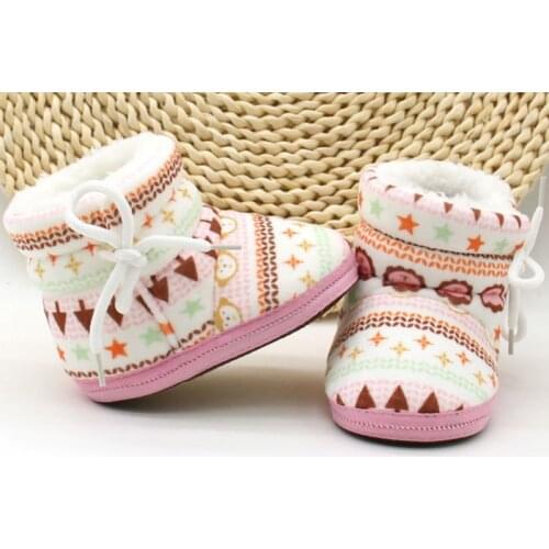 Bobora Winter Warm Print Baby Girl Shoes Fleece Soft Soled Crib Shoes Toddlers Snow Boots Cotton Booties for 6-12M