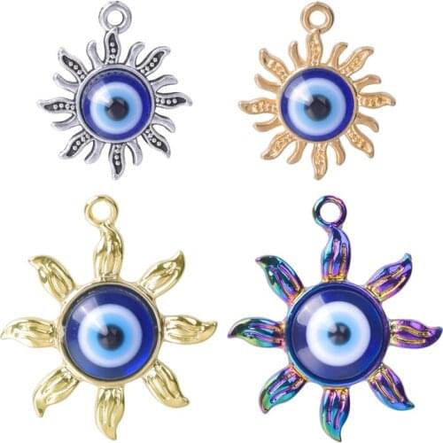 10pcs/Lot Blue Evil Eye Pendant Charms For Jewelry Making Golden Sun Handmade Accessoires Alloy Charm DIY Earrings Necklace Gift
